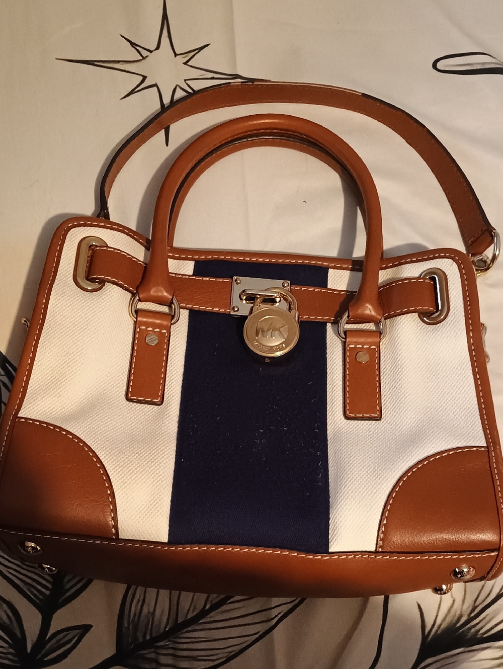 Michael Kors White Canvas Satchel with Navy Center Stripe and Brown Leather Trim